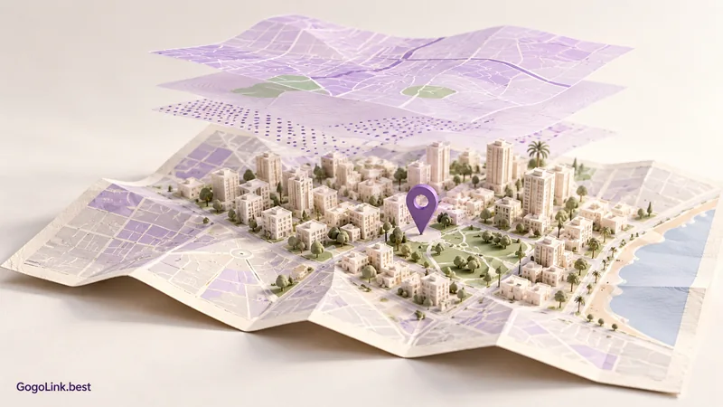 איור של מפה עירונית מקופלת, שכבות מידע שקופות וסמן מיקום סגול